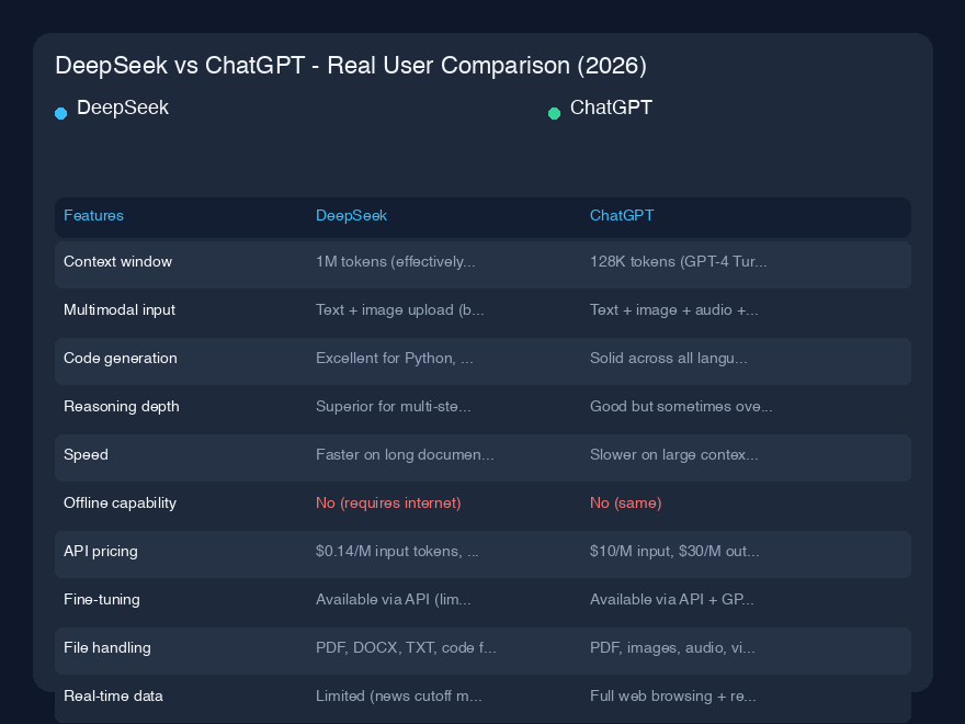 # DeepSeek vs ChatGPT - 真实用户对比（2026年）

## 快速概览

在过去六个月里，我每天都在测试 DeepSeek 和 ChatGPT，让它们执行相同的工作流程——编程、写作、研究，甚至随意的头脑风暴。简而言之：DeepSeek 已成为我在技术深度分析和成本敏感项目中的首选，而 ChatGPT 在输出质量和生态系统集成方面仍然胜出。两者都不完美，但自2025年初以来，