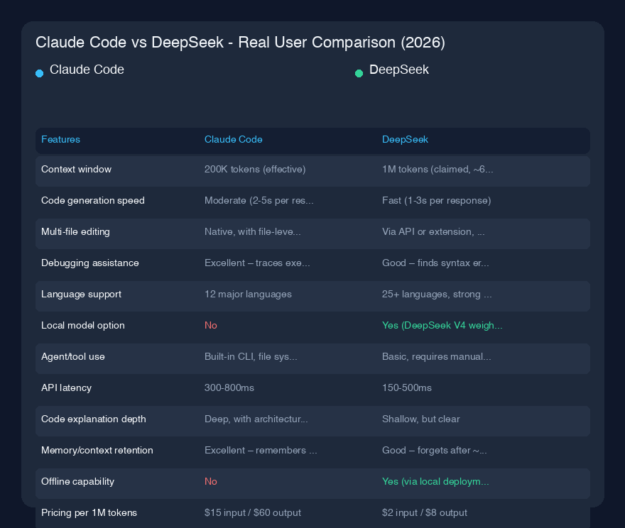 # Claude Code vs DeepSeek - 真实用户对比（2026）

## 快速概览

过去六个月我每天都在使用 Claude Code 和 DeepSeek，根据手头任务在两者之间切换。如果你想要一个直接的答案：Claude Code 在处理复杂的多步骤软件工程任务时胜出，这些任务需要上下文保持和结构化思维；而 DeepSeek 则是我进行快速原型开发、预算有限的代码生成以及处理中