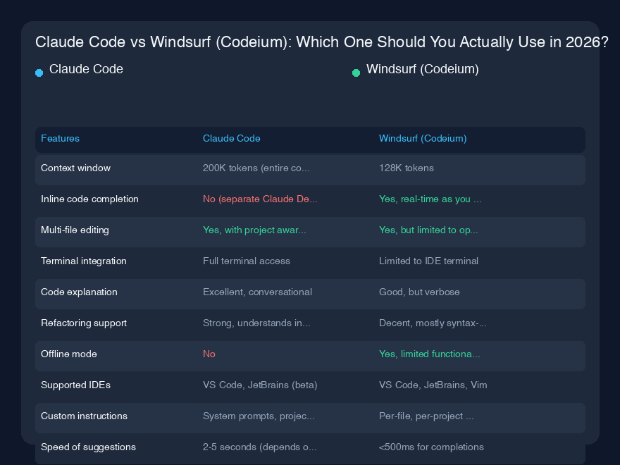 # Claude Code vs Windsurf (Codeium)：2026年你究竟该用哪个？

## 快速概览

过去六个月里，我几乎每天都在同时使用 Claude Code 和 Windsurf（Codeium）。说实话？两者都令人印象深刻，但它们服务于截然不同的目的。Claude Code 感觉像是一位擅长架构讨论的高级工程师坐在你旁边，而 Windsurf 更像是一个超级高效的初级开发