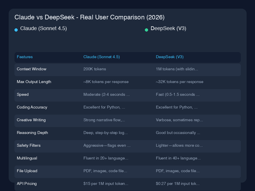 # Claude vs DeepSeek - 真实用户对比（2026）

## 快速概览

过去六个月里，我每天都在测试 Claude 和 DeepSeek，让它们完成同样的任务——编程、创意写作、数据分析，甚至哲学辩论。Claude 由 Anthropic 构建，已进化成一位精良、安全至上的助手，感觉像一位深思熟虑的协作者。DeepSeek 作为这家中国初创公司的旗舰模型，因其原始速度、巨大的上