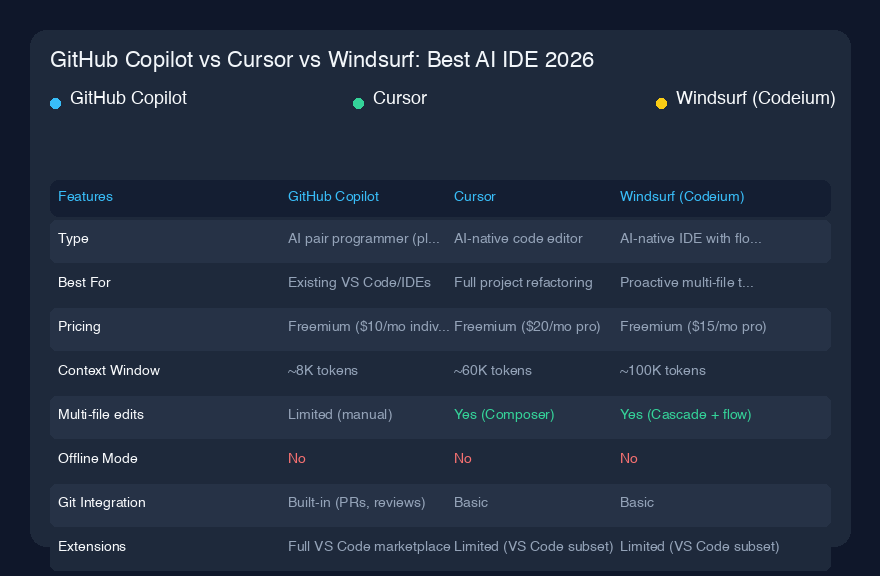 GitHub Copilot vs Cursor vs Windsurf：2026年最佳AI IDE