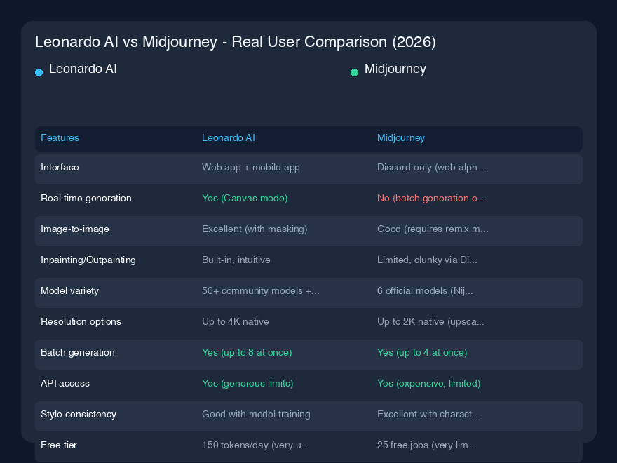 # Leonardo AI vs Midjourney - 真实用户对比（2026）

过去六个月里，我一直在为客户项目、个人作品和纯粹娱乐而交替使用这两款图像生成器。两者自早期以来都经历了巨大演变，它们之间的差距以我未曾预料的方式缩小了。但它们本质上仍是针对不同工作流程的不同工具。以下是我并排使用它们后实际学到的东西。

## 快速概览

Leonardo AI 感觉像是一把为追求控制力的创作者