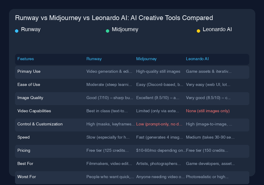Runway vs Midjourney vs Leonardo AI：AI创意工具全面对比