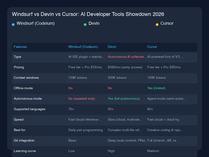 Windsurf vs Devin vs Cursor：2026年AI开发者工具对决